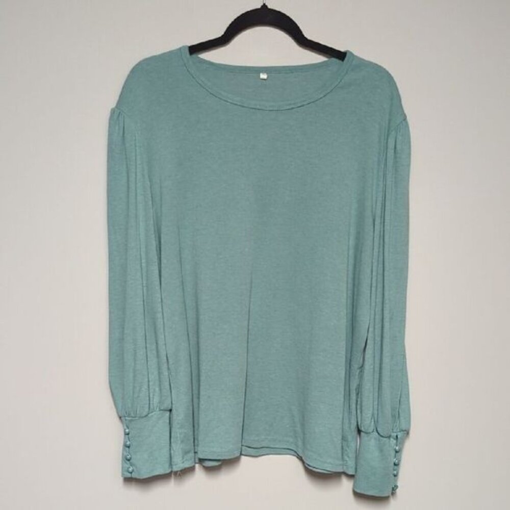Blue long sleeve puff sleeve blouse with crew neck and relaxed style